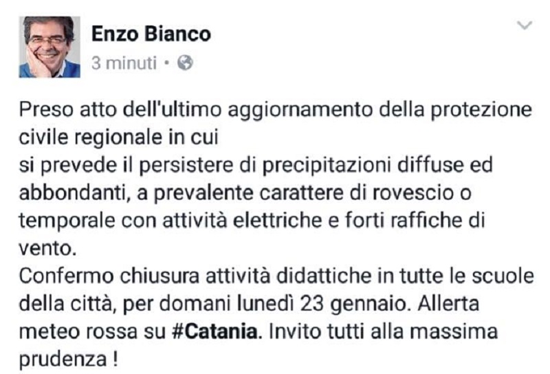 Allerta rossa a Catania, domani scuole di città e provincia e Università chiuse Allerta rossa a Catania, domani scuole di città e provincia e Università chiuse
