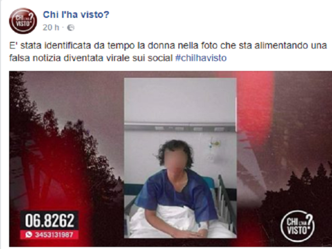 Donna in ospedale non ricorda identità: “Chi l’ha visto” svela la bufala