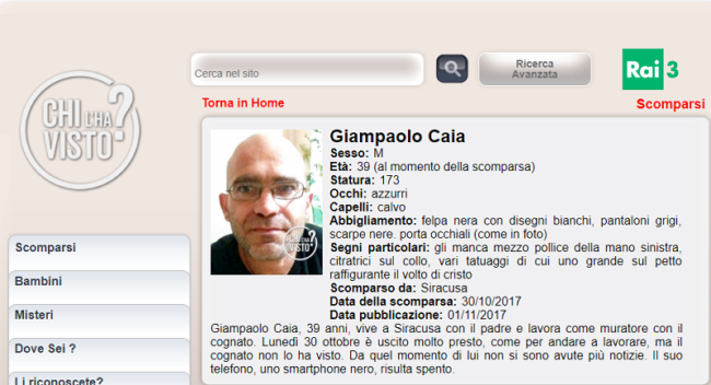 Esce per andare a lavoro e non fa più ritorno: la scomparsa di Giampaolo Caia