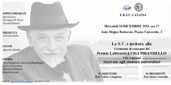 E.R.S.U. di Catania, domani cerimonia di premiazione del Premio Letterario “Luigi Pirandello”