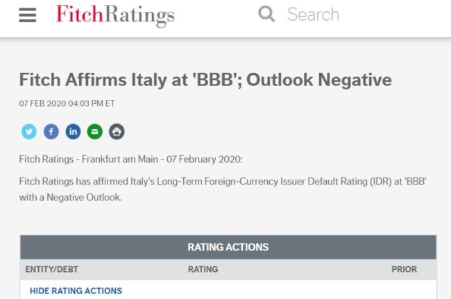 Fitch conferma rating Italia a BBB, outlook negativo