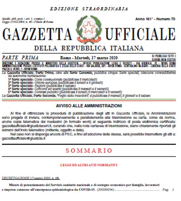 Dl Cura Italia in Gazzetta Ufficiale, e' in vigore
