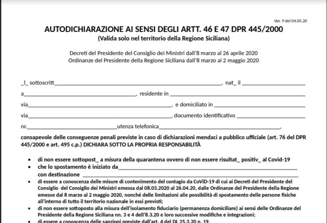 Fase 2, l’AUTOCERTIFICAZIONE per visitare i congiunti in Sicilia: ecco il modulo da scaricare