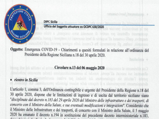 Regione Siciliana, la CIRCOLARE della Protezione Civile: maggiori libertà per spostamenti, sì a seconde case