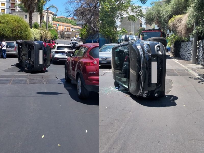 Paura a Catania, auto in corsa tampona un mezzo in sosta in via Fabiani e si ribalta