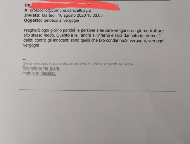Pesanti intimidazioni al sindaco di Canicattì: “Andrà all’inferno e sarà dannato in eterno. Si vergogni”