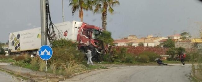 Spaventoso incidente, Tir finisce su isola spartitraffico: schianto contro palma, parabrezza frantumato