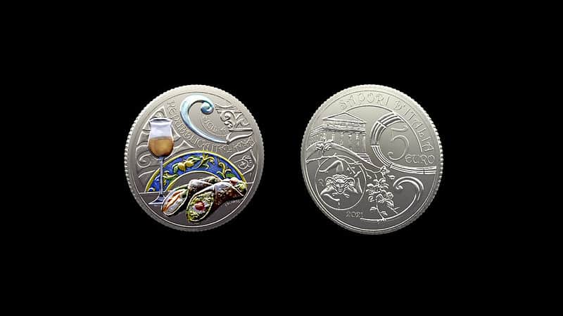 L’eccellenza della Sicilia nella Collezione Numismatica 2021: cannoli e passito in una moneta da 5 euro