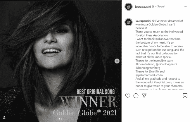 “Io sì”, Laura Pausini vince al Golden Globe per la migliore canzone originale: “Non ci posso credere”