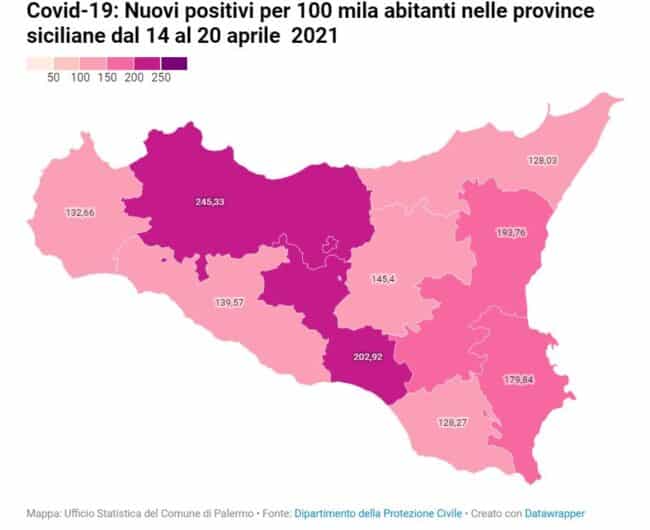 Contagi Covid settimanali per 100mila abitanti in Sicilia: i dati del periodo 14-20 aprile