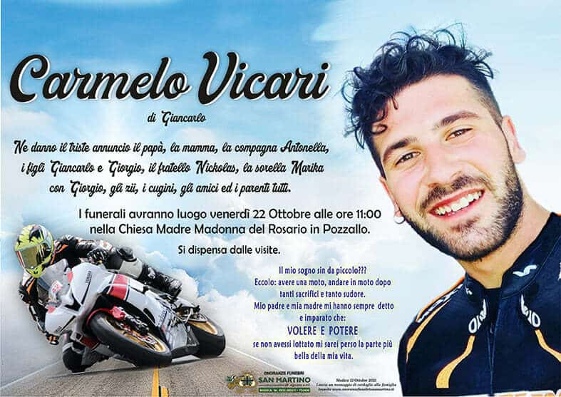 Funerali Carmelo Vicari, il sogno della moto e l’incidente mortale. “Amore mio, buona gara…”
