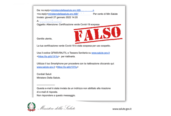 “Certificazione verde Covid-19 sospesa”, attenzione all’email che ruba i dati personali