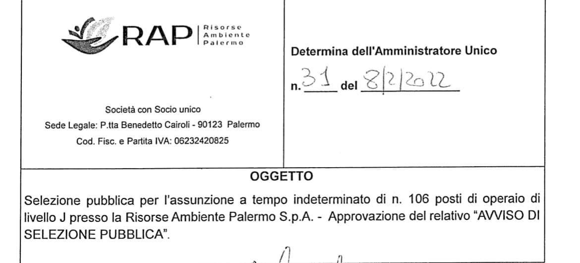 La Rap di Palermo assume 106 operai a tempo indeterminato: avviate procedure per la selezione