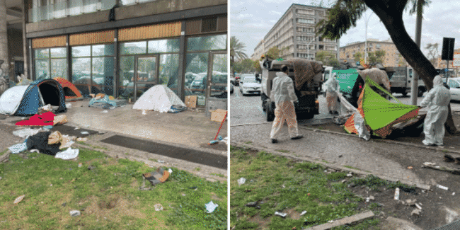 Piazza della Repubblica, sanificato a Catania lo spazio pubblico occupato da persone senza fissa dimora.