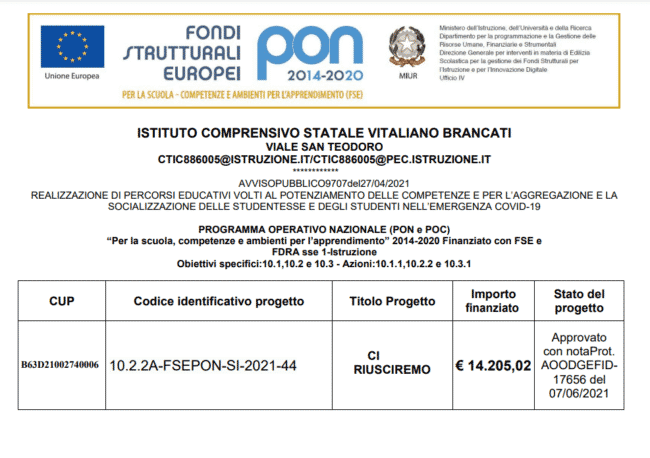 In dirittura di arrivo il progetto PON  “Ci riusciremo” all’I.C. “Vitaliano Brancati” di Catania
