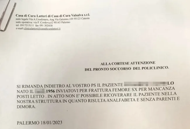 Clochard rifiutato dalla clinica Latteri perché analfabeta e senza dimora: scoppia il caso a Palermo