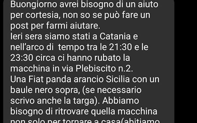 Ritrovata la Panda rubata alla famiglia ligure a Catania
