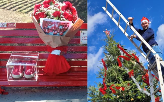 Anche Piazza I Vicerè ha il suo albero di Natale e una panchina rossa contro la violenza sulle donne