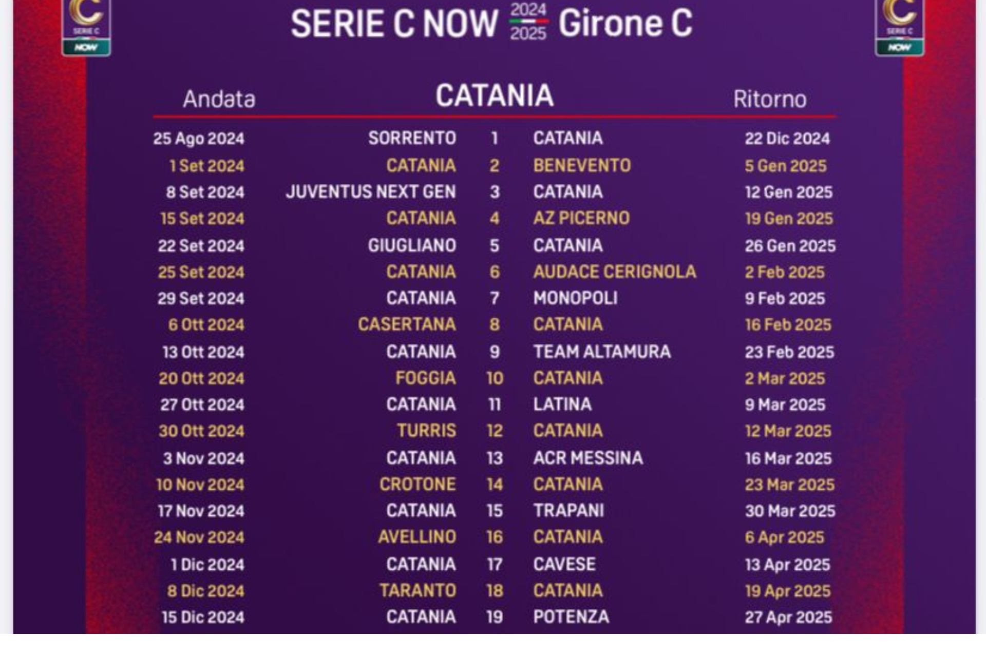 Catania osserva, uscito il calendario della Serie C 2024-2025