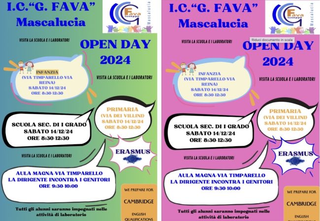 CI SIAMO! All’I.C. “G. Fava” di Mascalucia sabato 14 dicembre ritorna l’Open Day