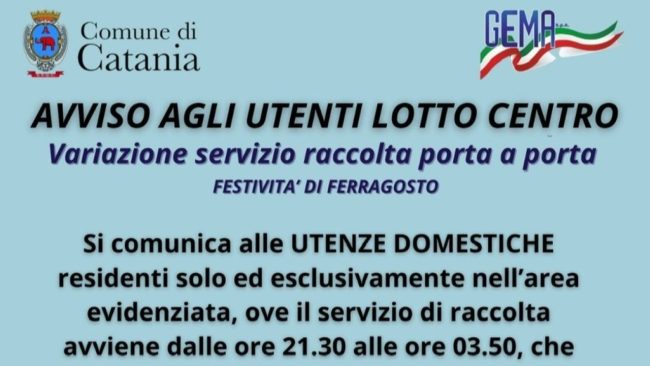 Raccolta rifiuti a Catania Centro, le variazioni per Ferragosto