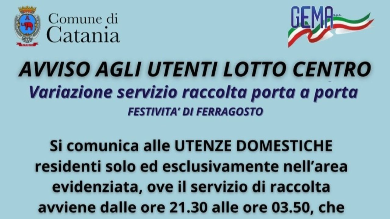Raccolta rifiuti a Catania Centro, le variazioni per Ferragosto