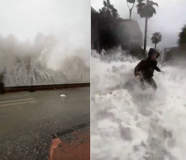 Cateno De Luca travolto da un’onda durante una diretta a Santa Teresa di Riva