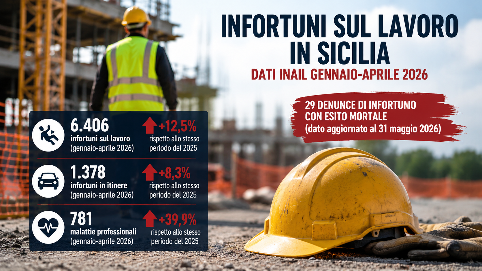 Infortuni sul lavoro in aumento in Sicilia: oltre 6.400 casi nei primi quattro mesi del 2026