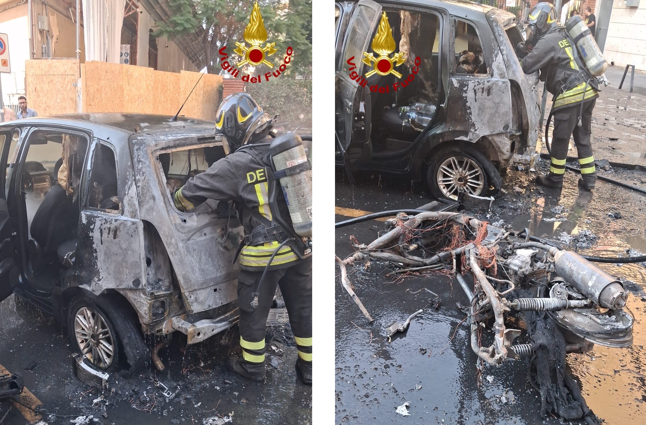 Paura a Catania, auto e scooter avvolti dalle fiamme: vigili del fuoco in azione