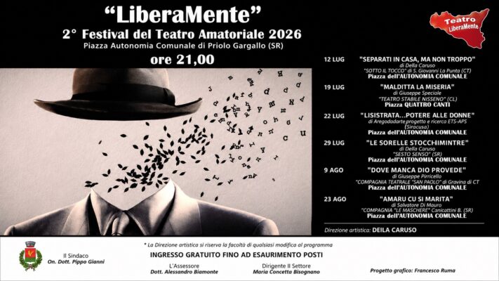 “Dove Manca Dio Provvede!”, arriva domenica 9 agosto al “LiberaMente” il Festival del Teatro Amatoriale di Priolo Gargallo