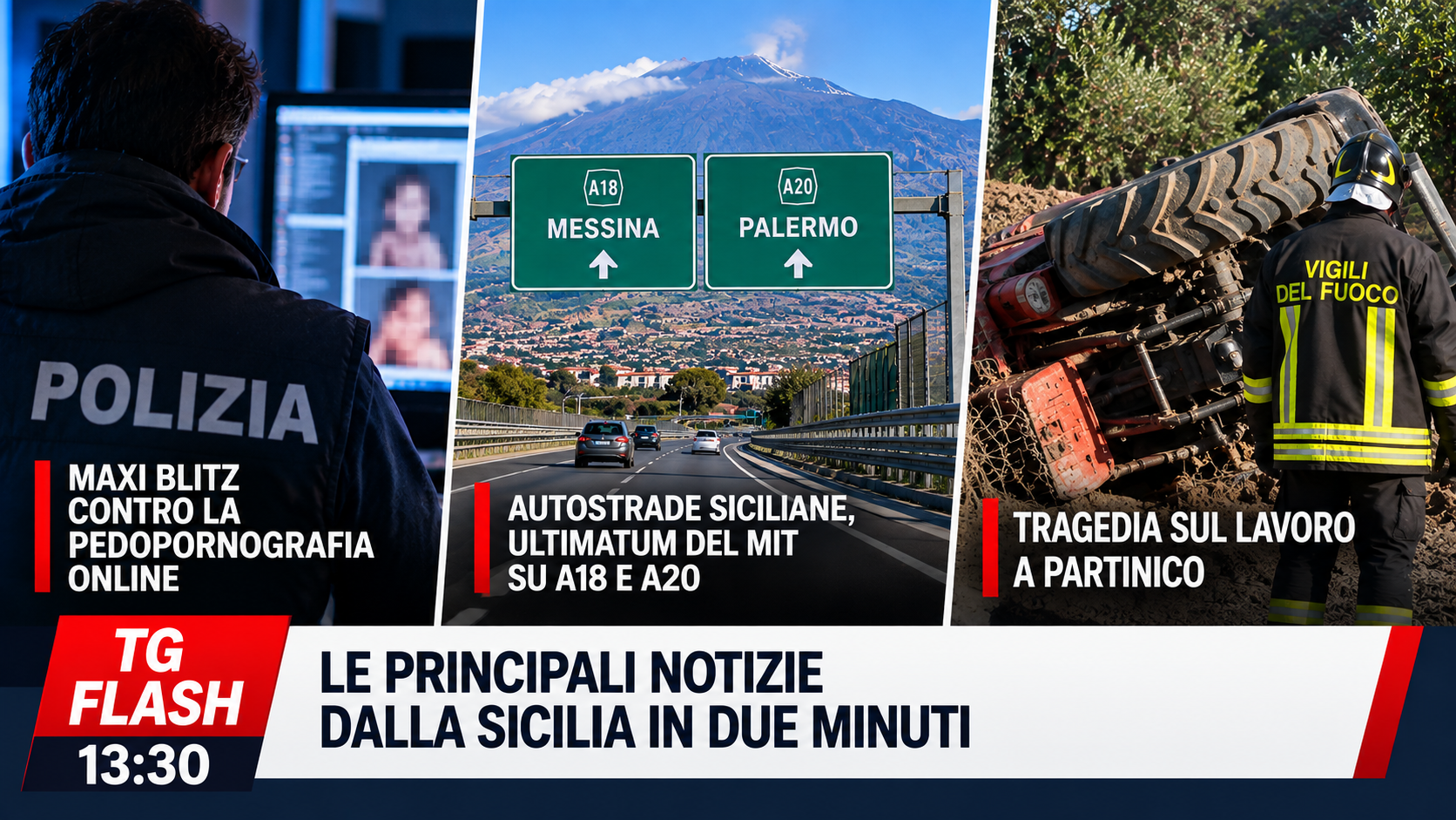 Maxi blitz contro la pedopornografia online, rischio stop su A18 e A20 e tragedia a Partinico | TG Flash 13:30