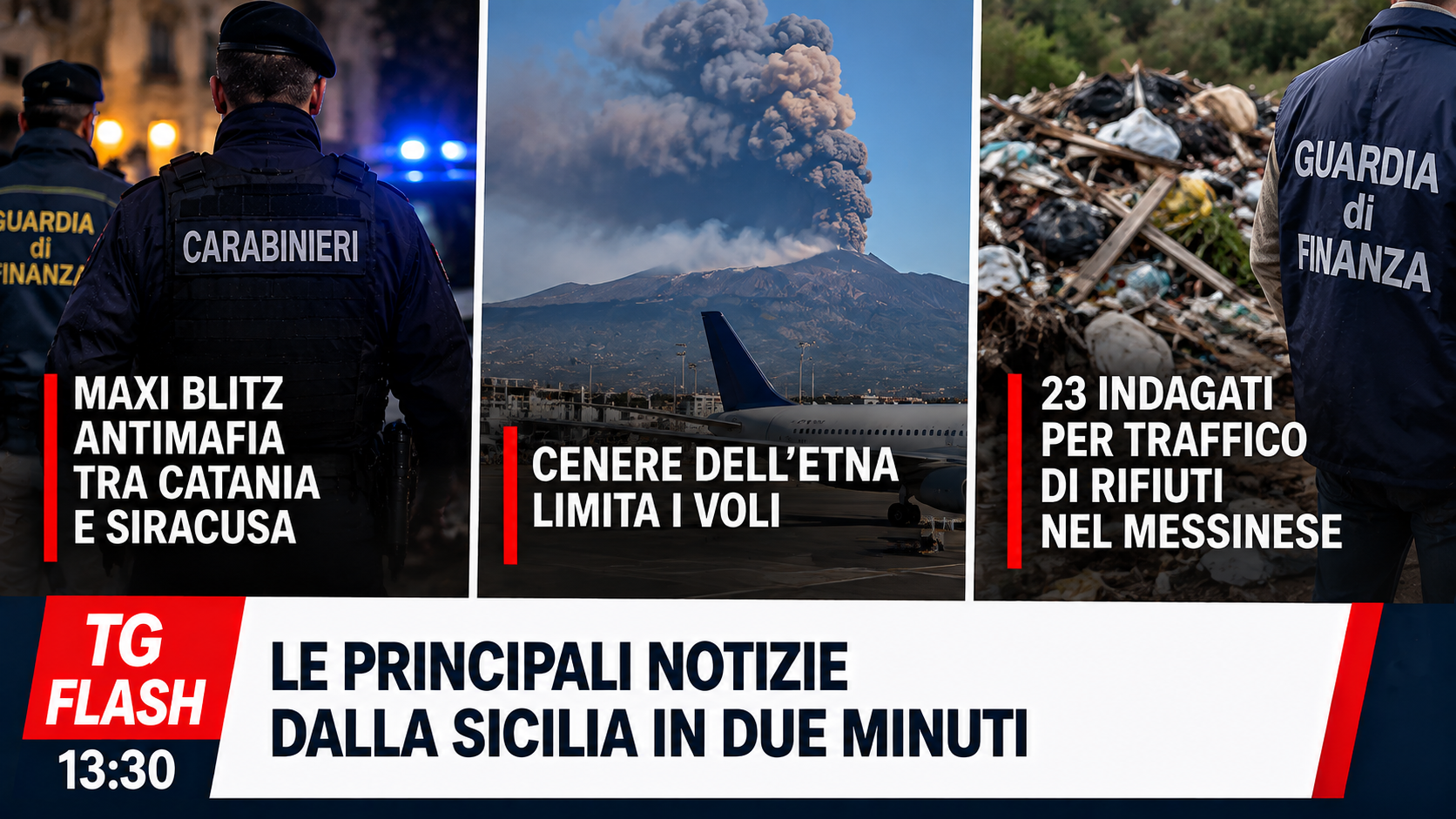 Maxi blitz antimafia tra Catania e Siracusa, cenere dell’Etna limita i voli e 23 indagati per traffico di rifiuti | TG Flash 13:30