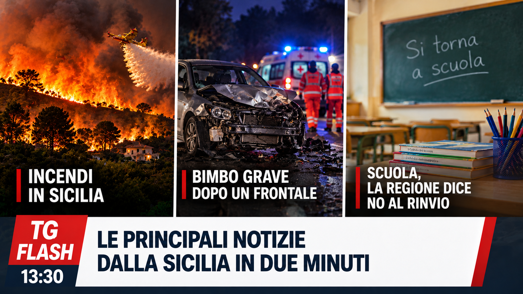Sicilia in fiamme, bimbo grave dopo un frontale. Scuola, la Regione dice no al rinvio | TG Flash 13:30