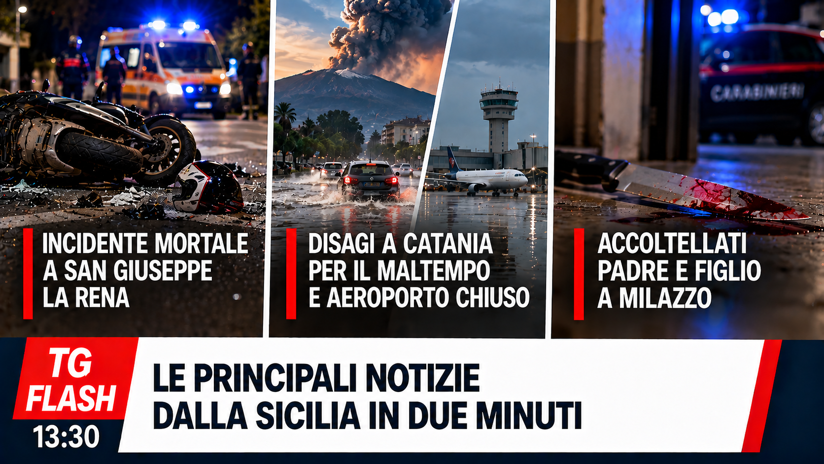 Incidente mortale a Catania, Etna e maltempo paralizzano la città. Padre e figlio accoltellati a Milazzo | TG Flash 13:30