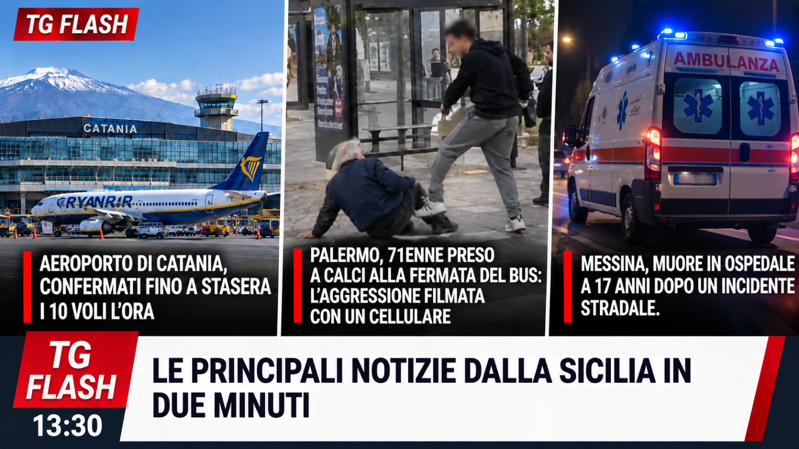 Aeroporto di Catania ancora “limitato”, anziano preso a calci alla fermata del bus. Muore a 17 anni al Policlinico dopo incidente | TG Flash 13:30