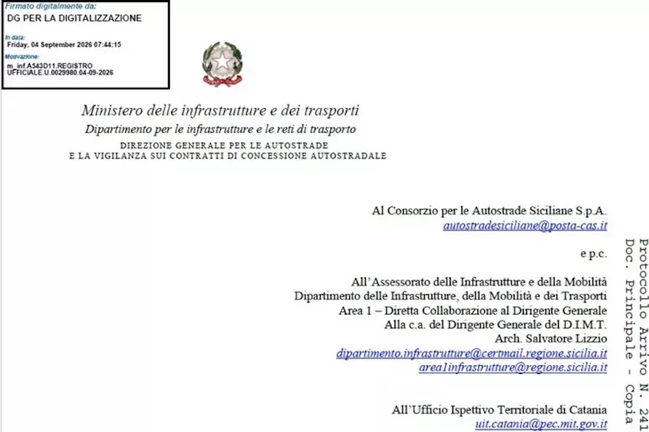 Autostrade siciliane, ultimatum del Mit su A18 e A20: interventi entro il 3 ottobre o rischio stop al traffico