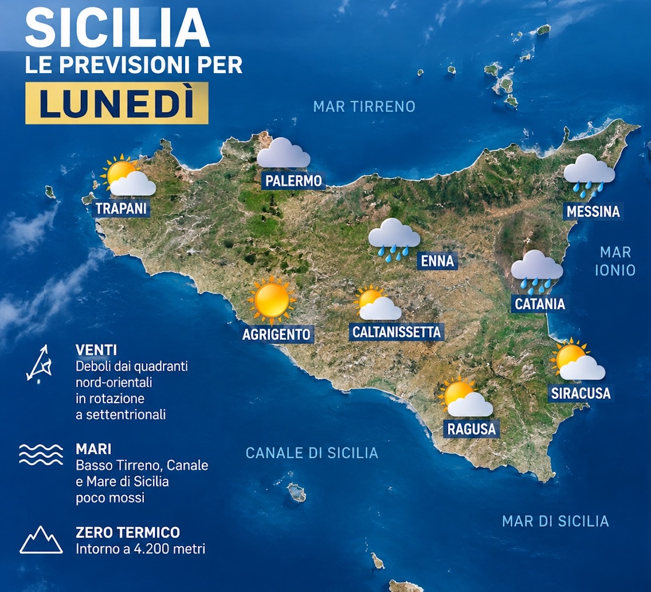 Meteo: in Sicilia lunedì tra sole, nuvole e piogge. Temperature in lieve calo