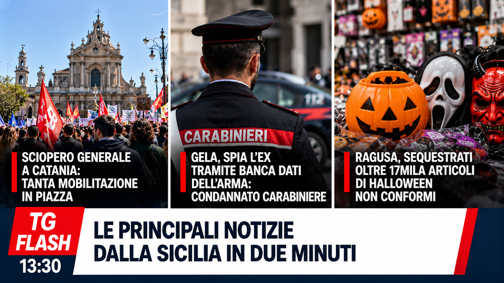 Sciopero generale in Sicilia, carabiniere condannato a Gela e maxi sequestro di Halloween | TG Flash 13:30