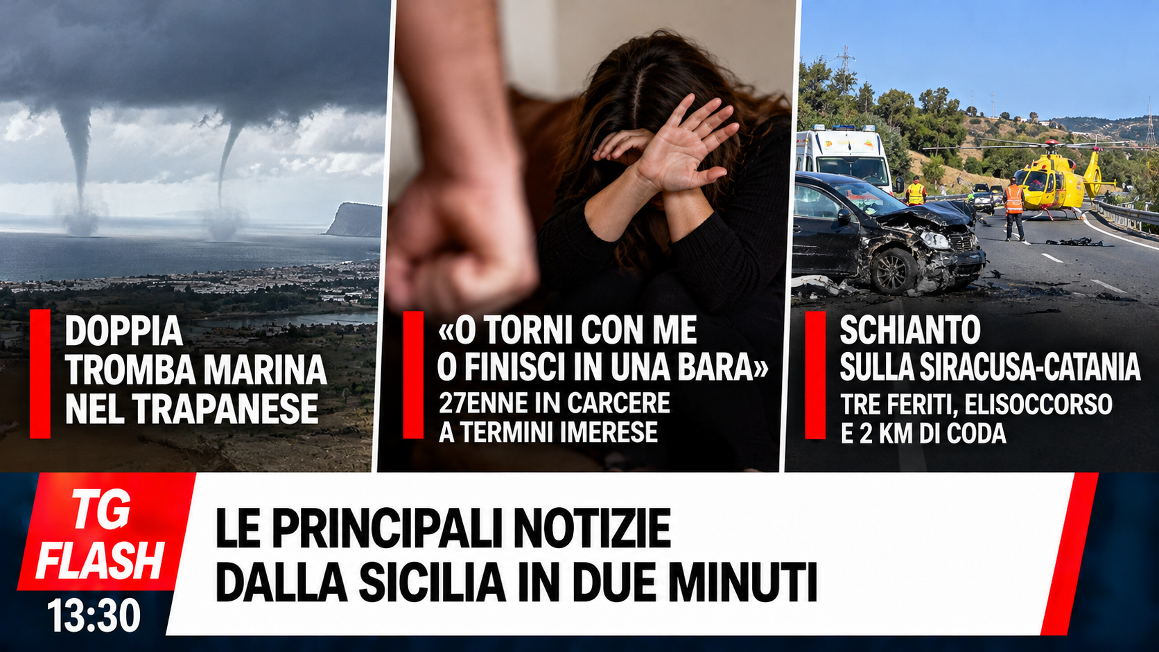 Doppia tromba marina nel Trapanese, ex minacciata di morte e incidente sulla Siracusa-Catania | TG Flash 13:30