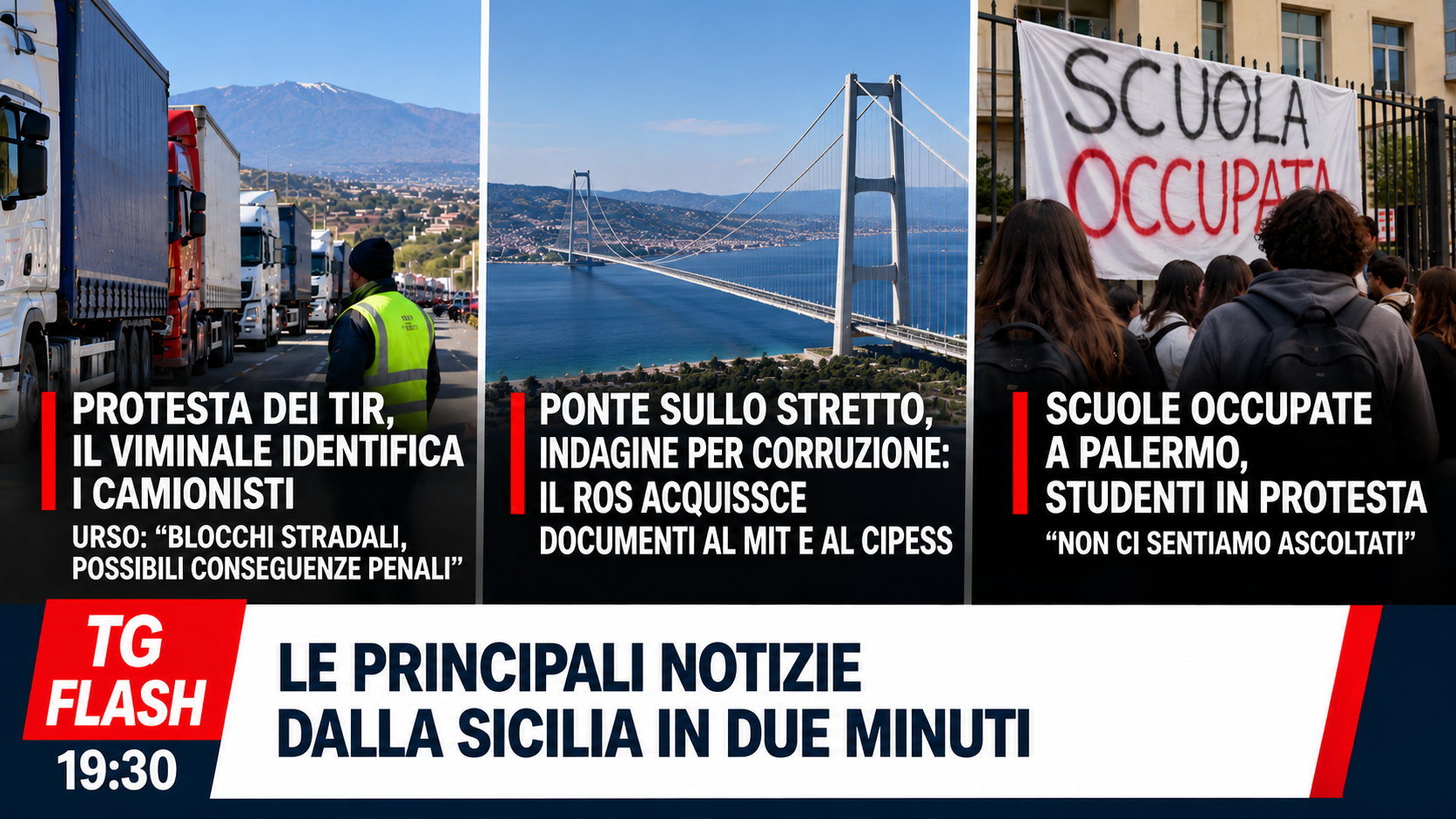 Interviene il Viminale sulla protesta Tir, indagine per corruzione sul Ponte. Scuole occupate a Palermo | TG Flash 19:30