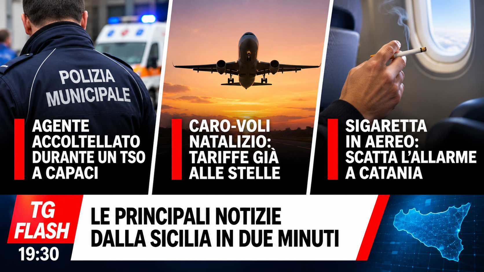 Agente accoltellato durante un Tso, caro-voli di Natale e allerta gialla in Sicilia | TG Flash 19:30